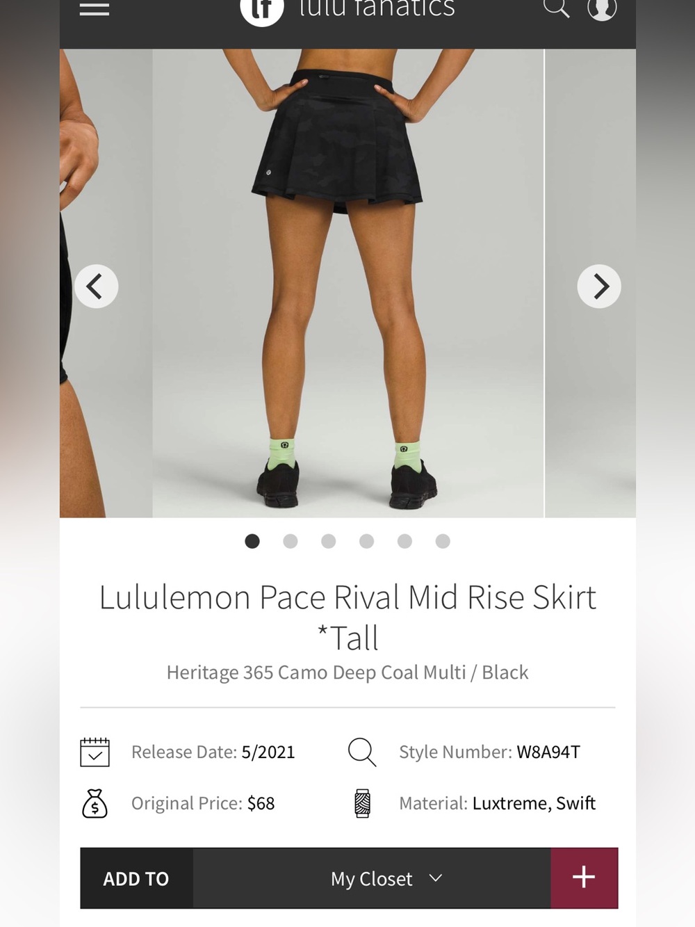 lululemon athletica Black Camo Pace Rival Skirt